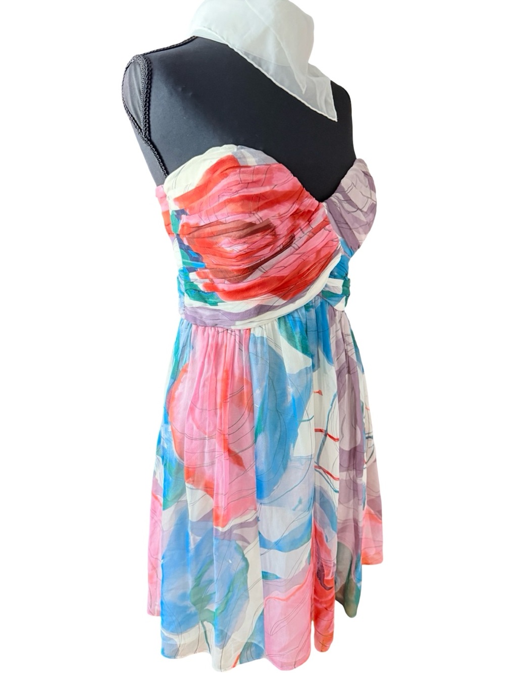 Donna Morgan 100% Silk Watercolor Strapless Halter Mini Dress Size 8 Multicolor - Picture 2 of 6